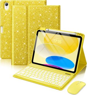 Hamile iPad A16 Glitter Keyboard Case with Mouse, Yellow