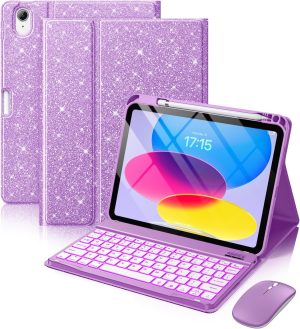 Hamile iPad A16 Glitter Keyboard Case with Mouse, Purple