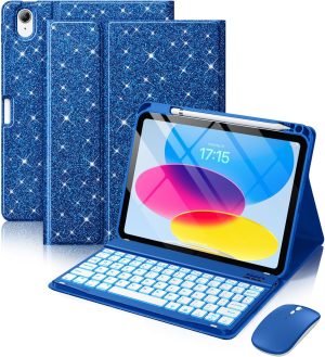 Hamile iPad A16 Glitter Keyboard Case with Mouse, Blue