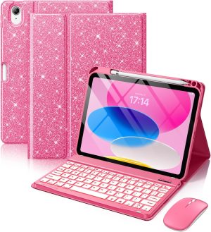 Hamile iPad A16 Glitter Keyboard Case with Mouse, Pink