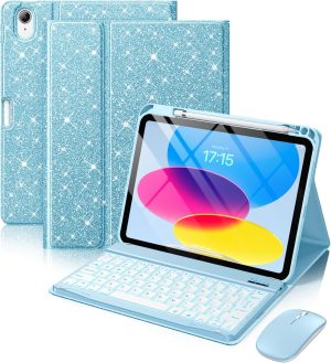 Hamile iPad A16 Glitter Keyboard Case with Mouse, Sky Blue