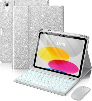 Hamile iPad A16 Glitter Keyboard Case with Mouse, Silver
